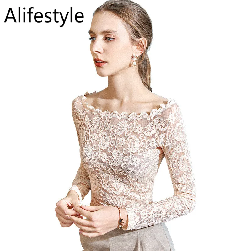 

2020 Summer New INS Style Women'S Lace Tops Lady Long Sleeve Blouse Solid Color Fashion Sexy Hook Flower Hollow Bottoming Shirt
