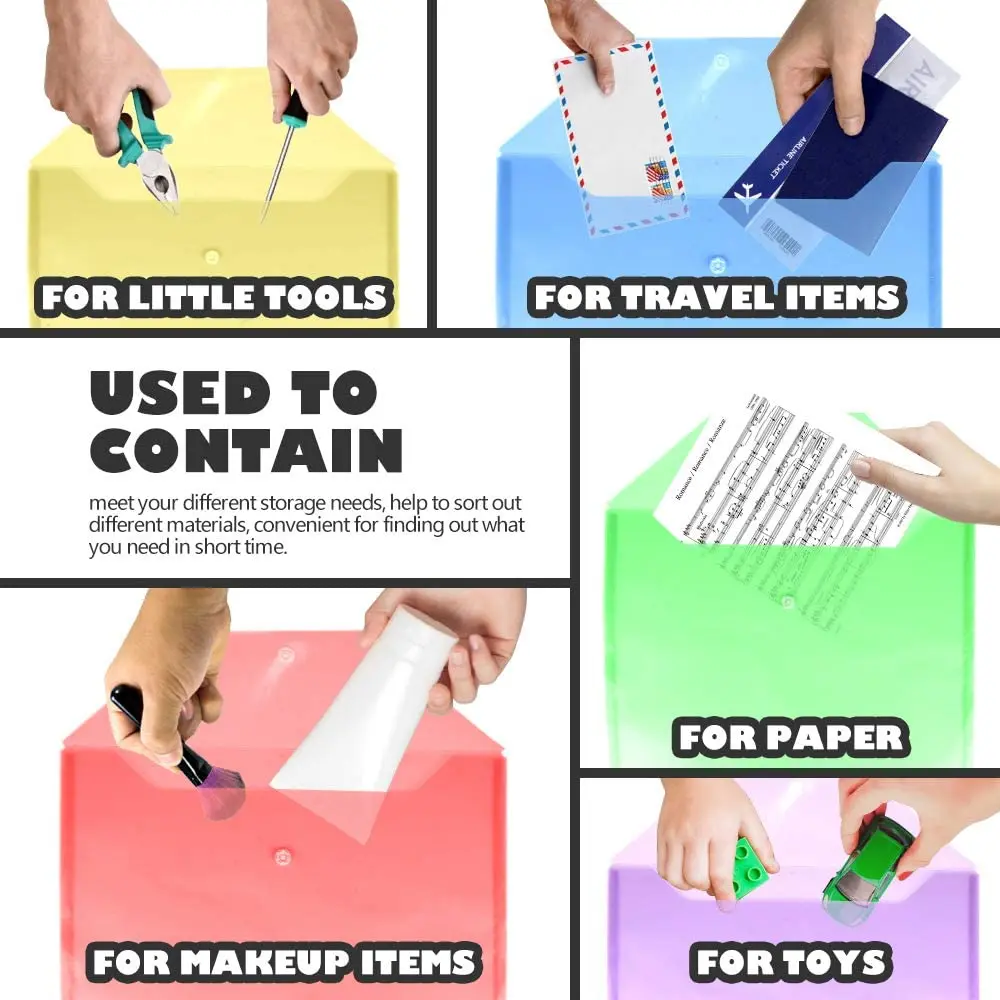 A4 Plastic Envelopes Poly Envelopes Clear File Bags Document Folders Organizers with Snap Buttonin 6 Colors Stationery Cases