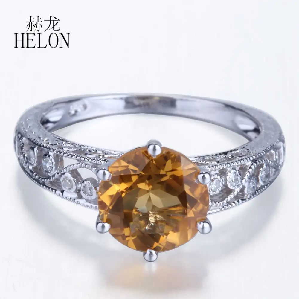 HELON, твердое серебро 925, Ретро стиль, модное ювелирное изделие, круглый, 2.28ct, натуральный цитрин и бриллиант, обручальное кольцо