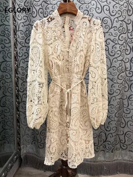 

Hollow Out Lace Embroidery Dress 2020 Spring Summer Sexy Women V-Neck Vintage Buttons Front Tassel String Belt Long Sleeve Dress