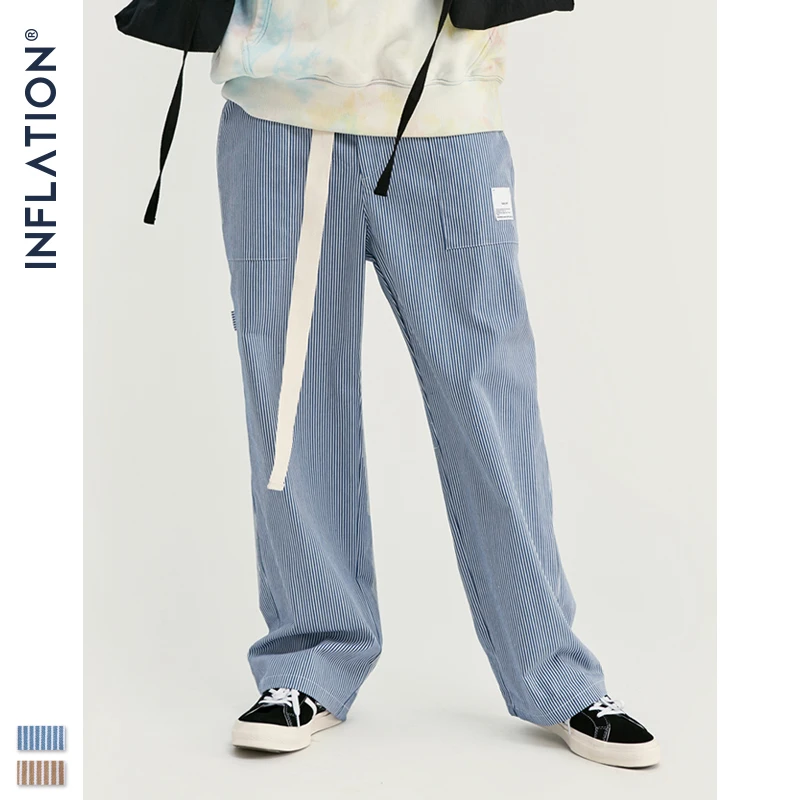 INFLATION Men Casual Pants Winter Streetwear Old Fashion Stripe Pants Straight Elastic Waist Casual Stripe Men Pants 93421W