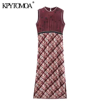 

KPYTOMOA Women 2020 Chic Fashion Patchwork Printed Midi Dress Vintage Sleeveless Beading Side Vents Female Dresses Vestidos