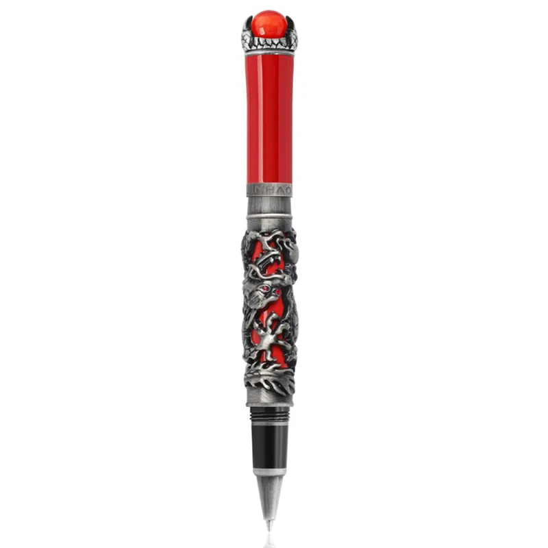 Jinhao Dragon King Ancient Roller Ball Pen Unique Metal Embossing Hi-tech, Gray & Red For Business Writing Gift Pen New cantik unique dragon