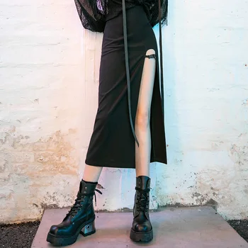 

PUNKRAVE Women's Gothic High-waisted Sexy Medium-length Skirt Street Rock Handsome Split Hem Club Stage Perormance Long Skirts