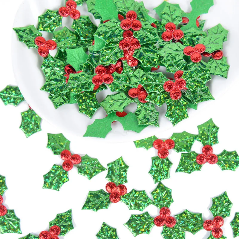 100Pcs Glitter Green Holly Leaf Red Berry Christmas Ornaments Artificial Holly Leaves For Xmas New Year Party Decor DIY Crafts