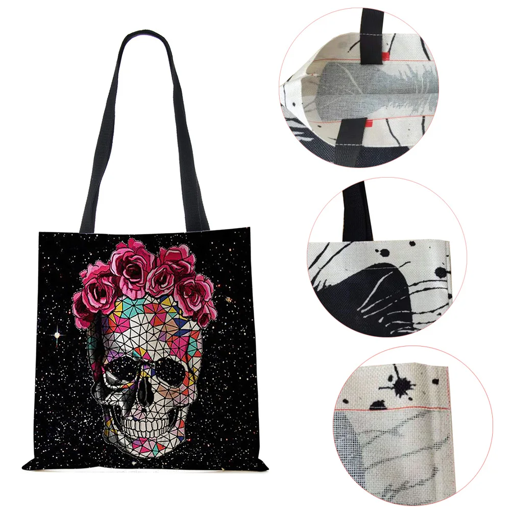 Floral Skull Print Linen Tote Bag Reusable Shoulder Bags Folding Women Casual Handbags Lady Fabric Totes