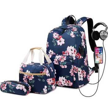

Three-piece Backpacks USB Charging Student Canvas Backpack School Bags For Teenage Girls Book Bag Travel Rucksack Mochilas Sac
