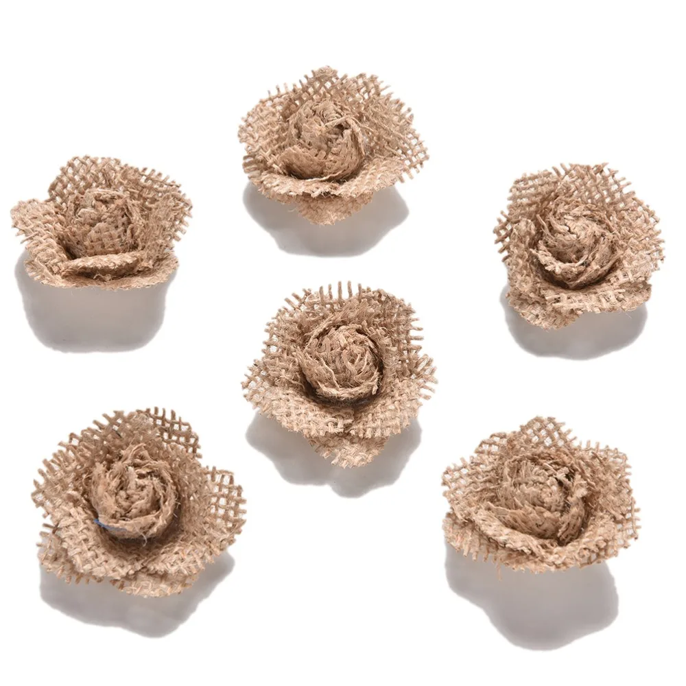 6Pcs 세련 된 수 제 황 마 헤센 삼 베 꽃 로즈 웨딩 장식 이벤트 및 파티 용품 도매