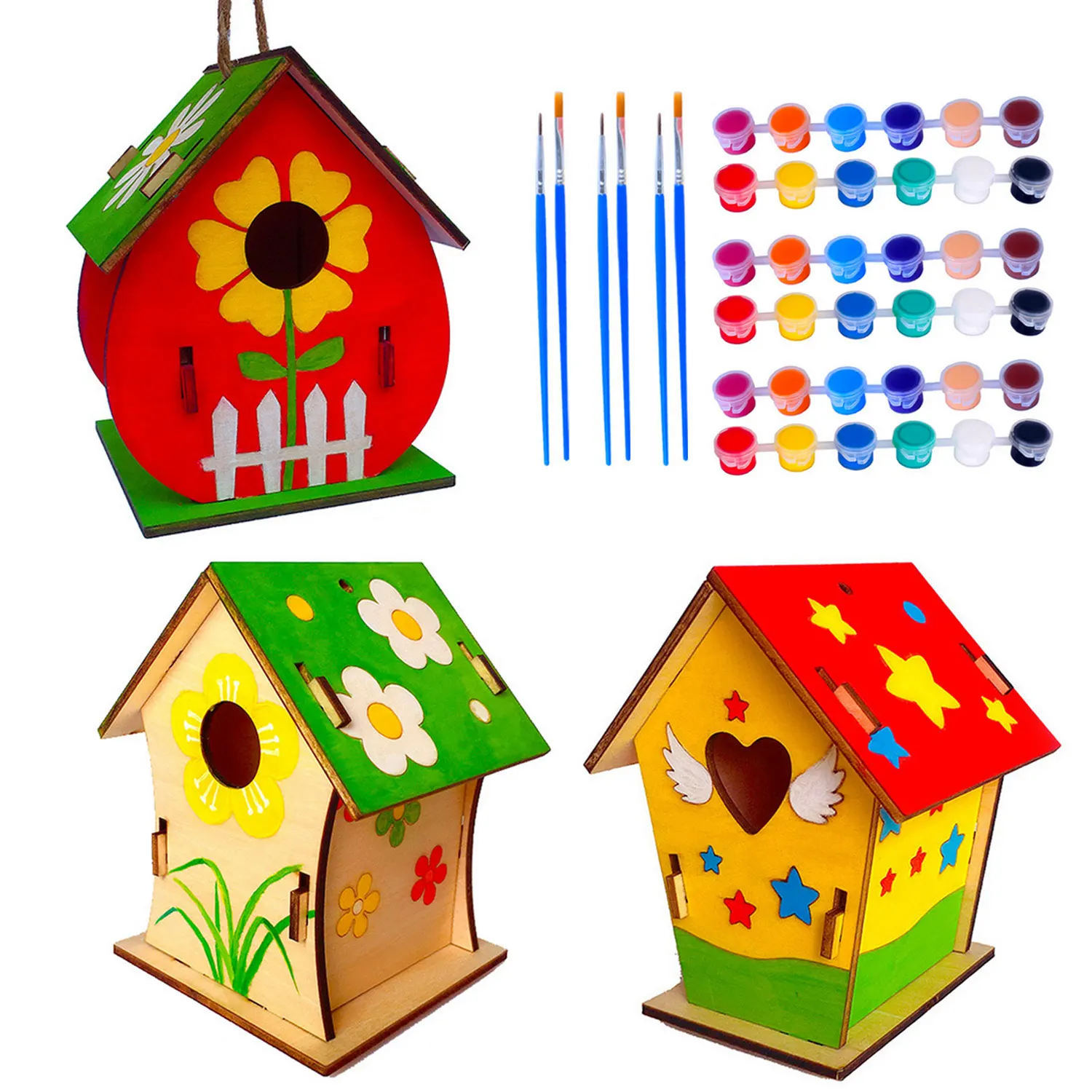 

3 Sets DIY Wooden Birdhouse Bird House Kits with Brushes Paints for Kids Children Toddlers Boys Girls Home Kindergarten School