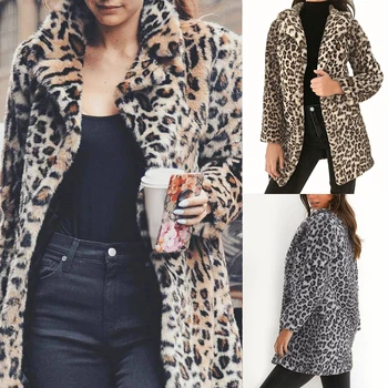 

Lady Winter Warm Long Sleeves Lapel Loose Slim Casual Long Overcoat 2019 New Women Fashion Leopard Print Furry Flannel Soft Coat