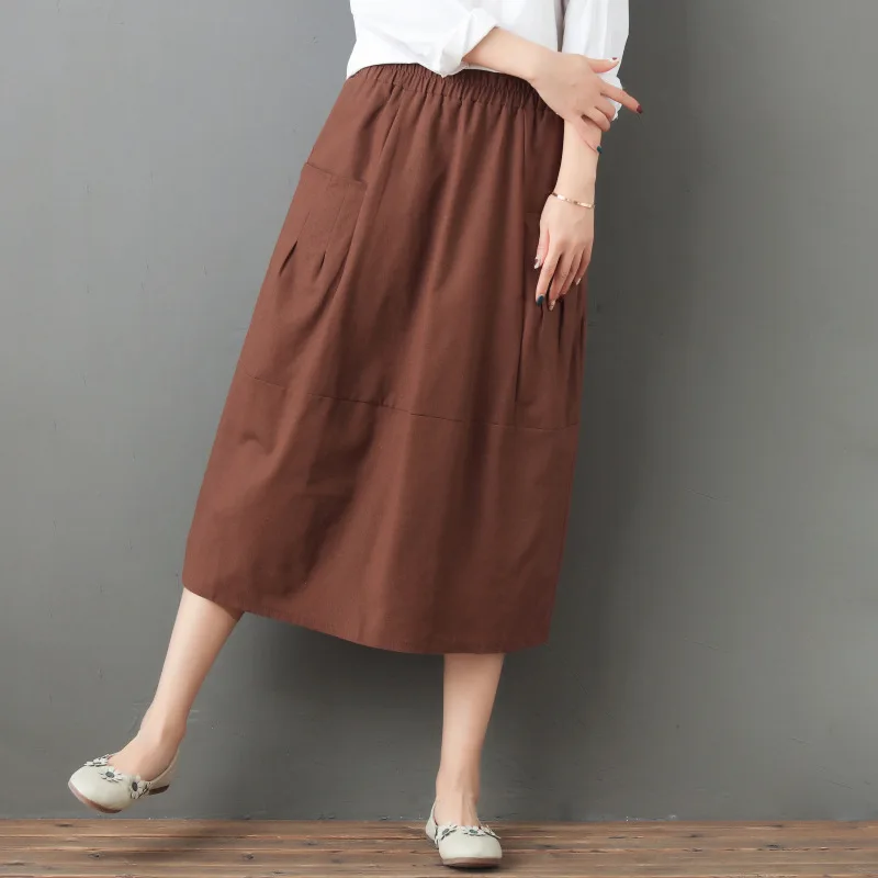 

2019 Spring New Style Retro Literature And Art Cotton Linen Solid Color Skirt Casual Elastic Waist Versatile