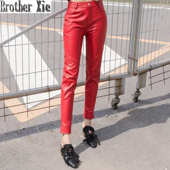 

Red Sheepskin Natural Genuine Leather Trousers Lady Streetwear Real Leather Pants Women Slim Fashion Ankle-Length Pencil Pants