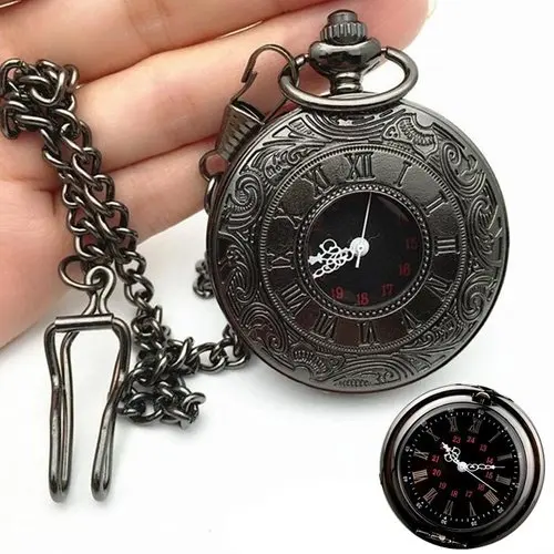 Черный Pocketwatch винтажные шармунисекс модные римские цифры Кварцевые в стиле стимпанк женские карманные часы мужское ожерелье с подвеской с