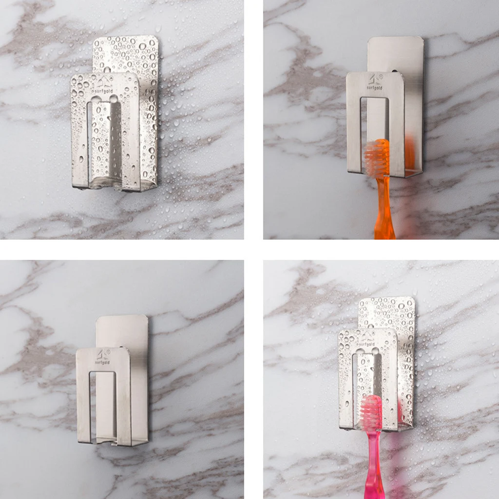 Durable Stainless Steel Toothbrush Cup Holder Wall Mount Stand, Electric Toothbrush Storage Set - No Drill or Nail Needed