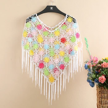 

summer appliques flower tassel Cutout poncho women cape cloak mesh ponchos and capes floral lace crochet fishnet ladies top