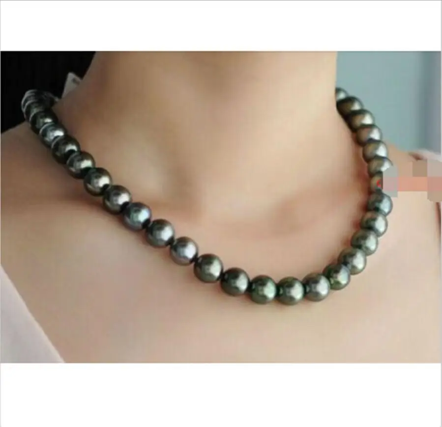 

17"9-10 mm REAL natural TAHITIAN black GREEN pearl necklace^^^ ^Noble style Natural Fine jewe