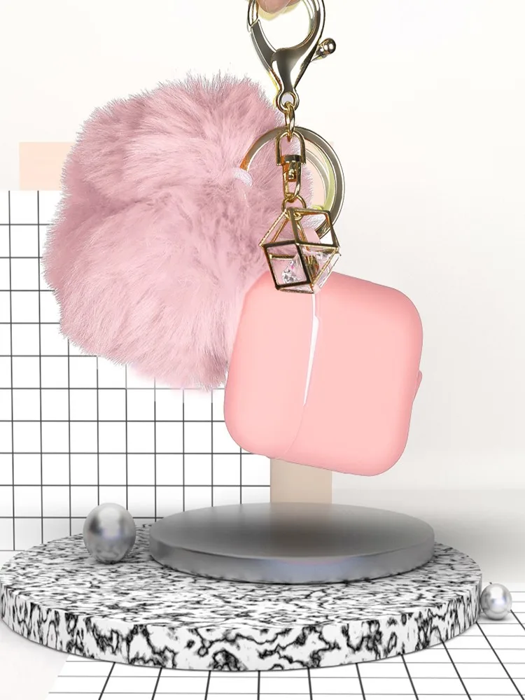Розовый Беспроводной чехол для наушников Airpods 2 и 1 зарядный силиконовый защитный чехол и брелок с помпоном FW3 - Цвет: Розовый