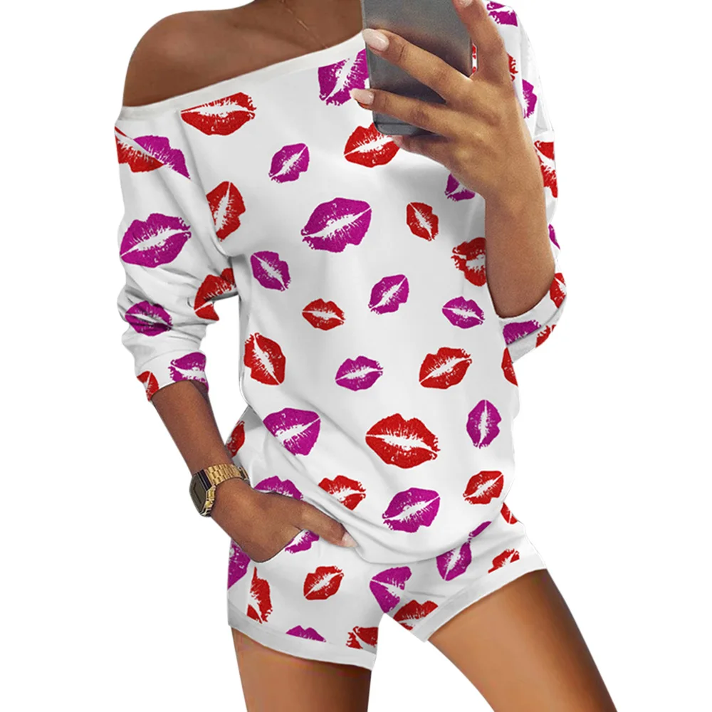 

Lip Printed Woment Clothing 2pcs Set Off Shoulder Tops And Shorts Summer Home Clothing Ladies Casual Sportwear Summer D30
