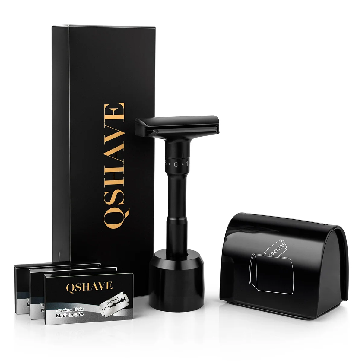 QShave, роскошный черный регулируемый безопасный бритвенный набор, мужской бритвенный набор, держатель+ бритва+ чехол для удаления лезвий+ набор 15 лезвий