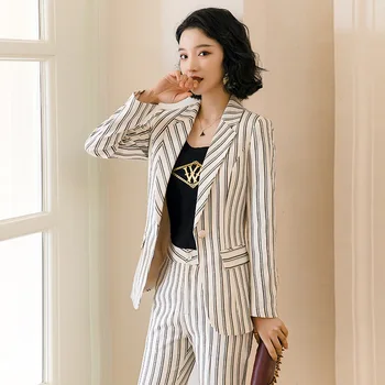 

2020 new professional pants suit feminine High quality striped women's blazer Elegant career interview clothing female overalls