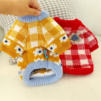 

Pet Clothes Wool Knitted Autumn And Winter Models Elastic Puppy Dog Cat Red White Grid, Turmeric Rose Flower Pullover Sweater