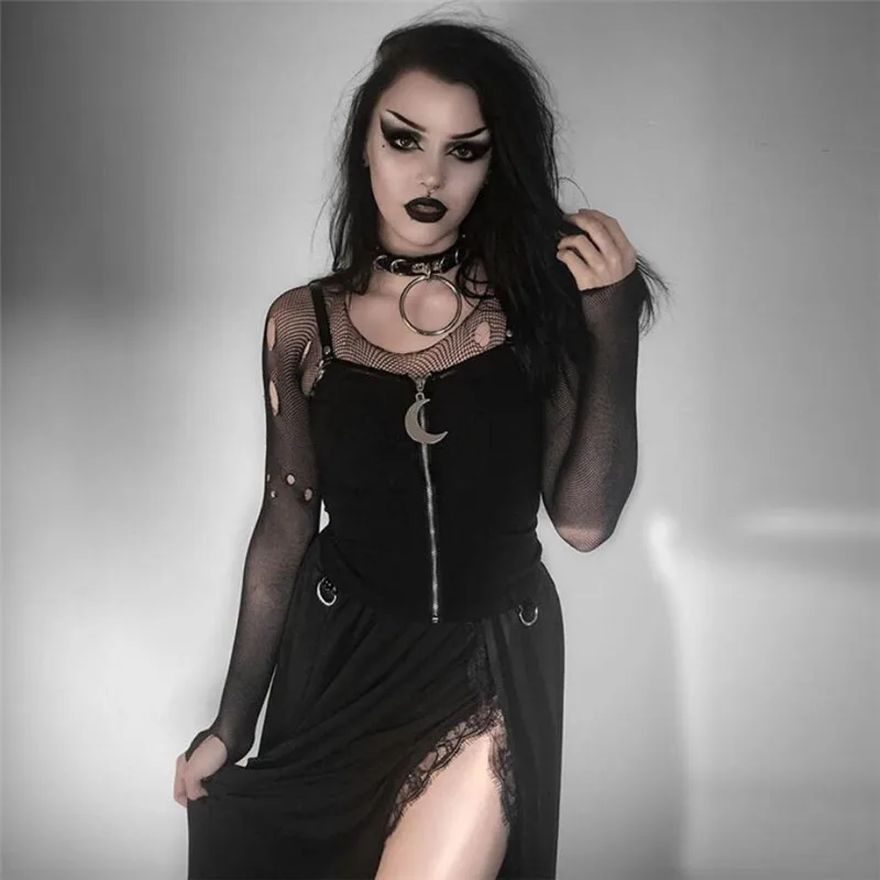 Gothic Dark Style Crescent Zipper Up Cotton Camisole Women Sexy Slim Fitness Halloween Cropped Tank Tops Workout Camis