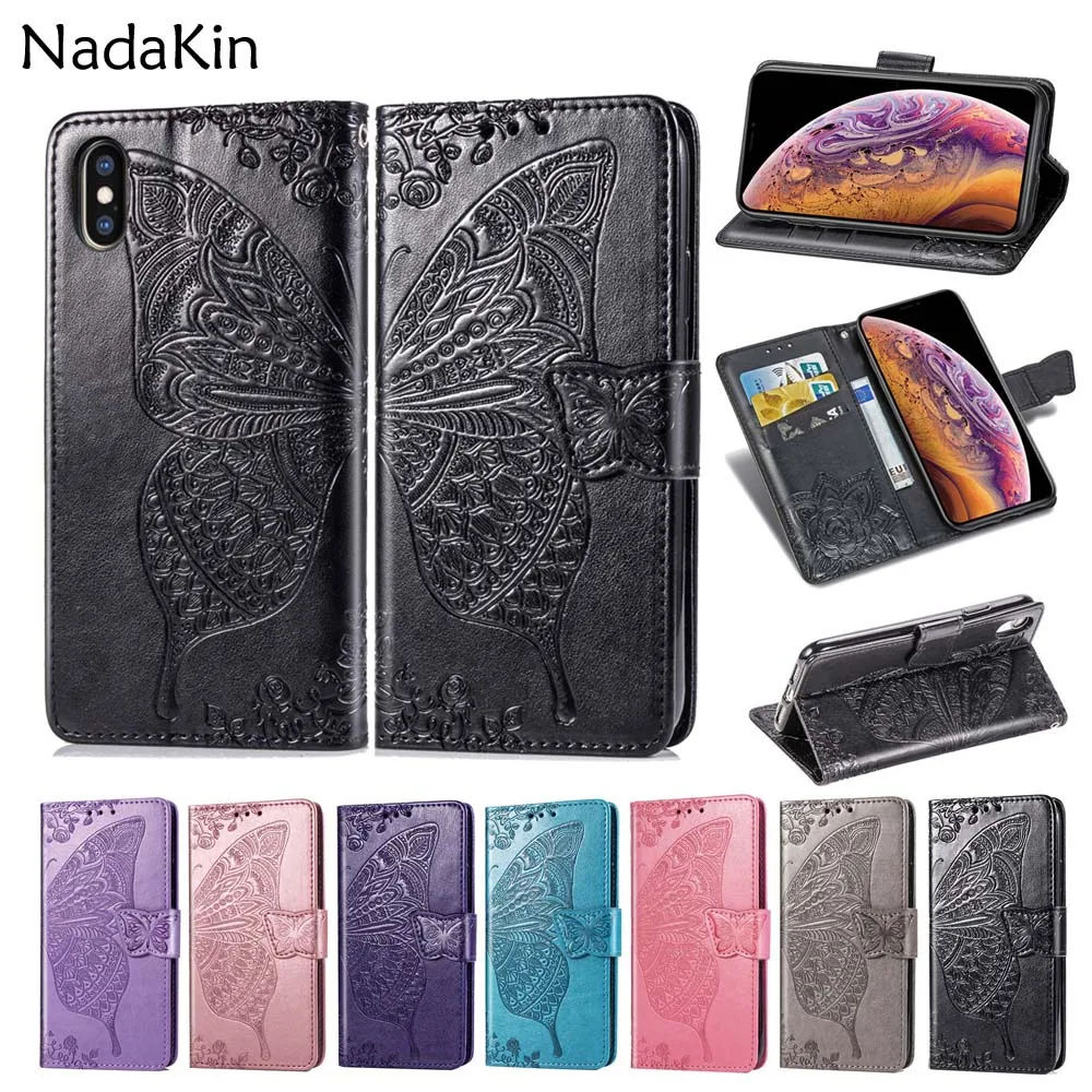 Бабочка Цветок тисненая книга кожаный чехол для телефона для iPhone 11 Pro X XS MAX XR 6 6S 7 8 Plus флип-бумажник чехол с ремешком
