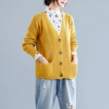 Johnature женский однотонный однобортный свитер с v-образным вырезом и карманами, осень, корейский Свободный женский кардиган