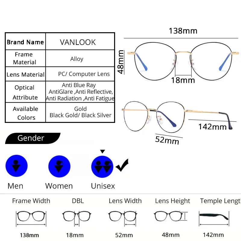 VANLOOK Computer Glasses Round Anti Blue Ray Light Blocking Fashion Metal Eyeglasses Frame Men Women Clear Lens Anti Radiation
