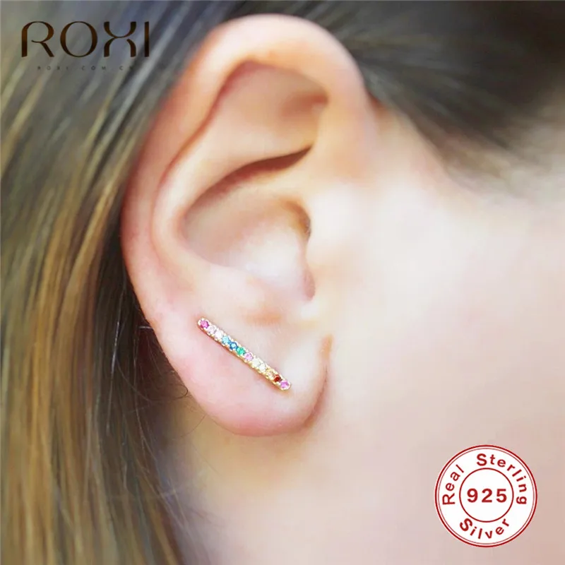 ROXI Изящные CZ серьги «Радуга» серьги-гвоздики простые бар для женщин 925 пробы Серебряные Серьги Геометрические корейские Кристальные серьги