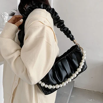 

Fashion Underarm Shoulder Bags Fold PU Leather Cross Body Bags for Women 2020 Trend Retro Pearl Handbags Branded Lady's Hand Bag