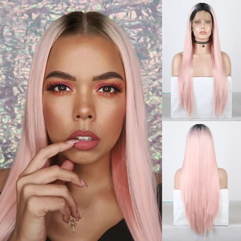 

RONGDUOYI Long Ombre Pink Hair Synthetic Lace Front Wig Deep Part Fiber Lace Wigs for Women Silky Straight Hair Cosplay Wig