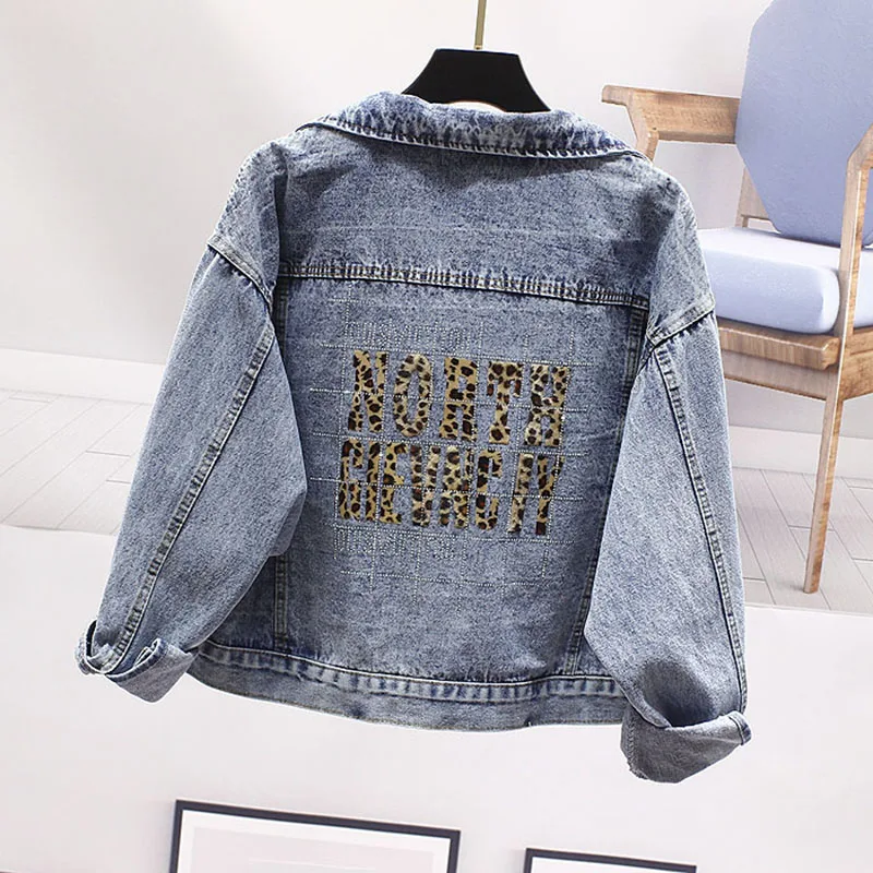 

Korea Autumn Short Diamonds Denim Jacket Women Long Sleeve Loose Leopard Letter Jeans Coat Femme Fashion All Match Streetwear