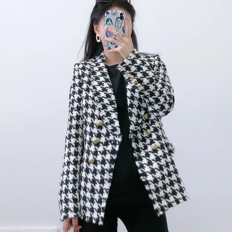 Kopen Vrouwen Jas Herfst 2019 Nieuwe Mode Houndstooth Patroon Double Breasted Vrouwelijke Casual Blazer Jas Moderne Dame Herfst Top