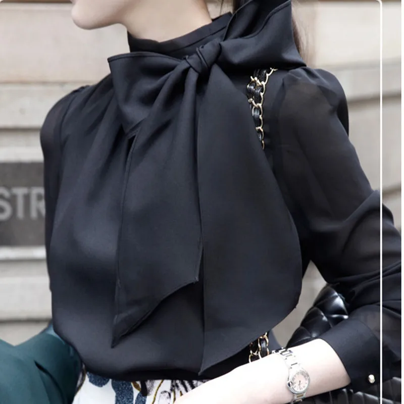 

2019 Spring New Style Bow Chiffon Long Sleeve Shirt Lace Korean-Style Puff Sleeve Base Shirt