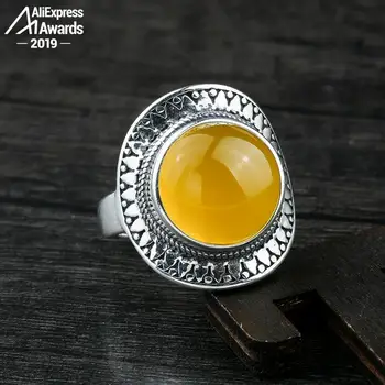 

10*10mm 6.18 Sale S925 Sterling Silver Ukraine Amber Rings Exaggerated Rings health rich lithuania Retro Handmade
