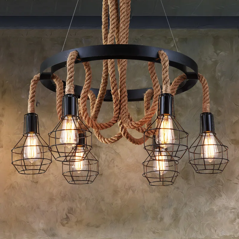 

Retro Nordic iron chandelier Lamps stair bar hemp rope American creative E27 lights restaurant bar LED chandelier