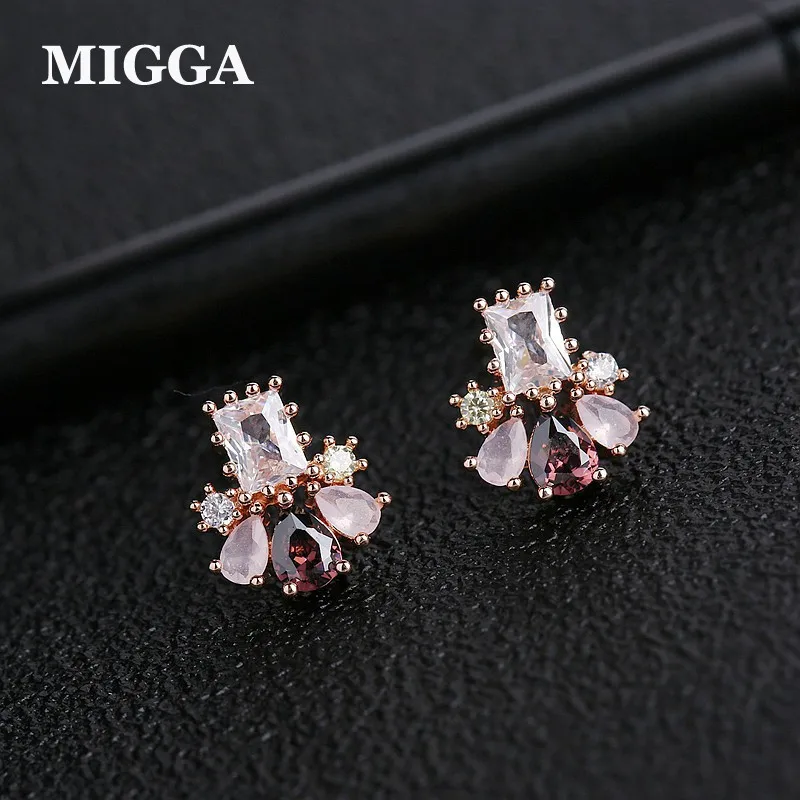 MIGGA Нежный красный розовый кубический циркон клипсы с камнем золотые, розовые серьги цвет Маленькие Геометрические шпильки ювелирные изделия