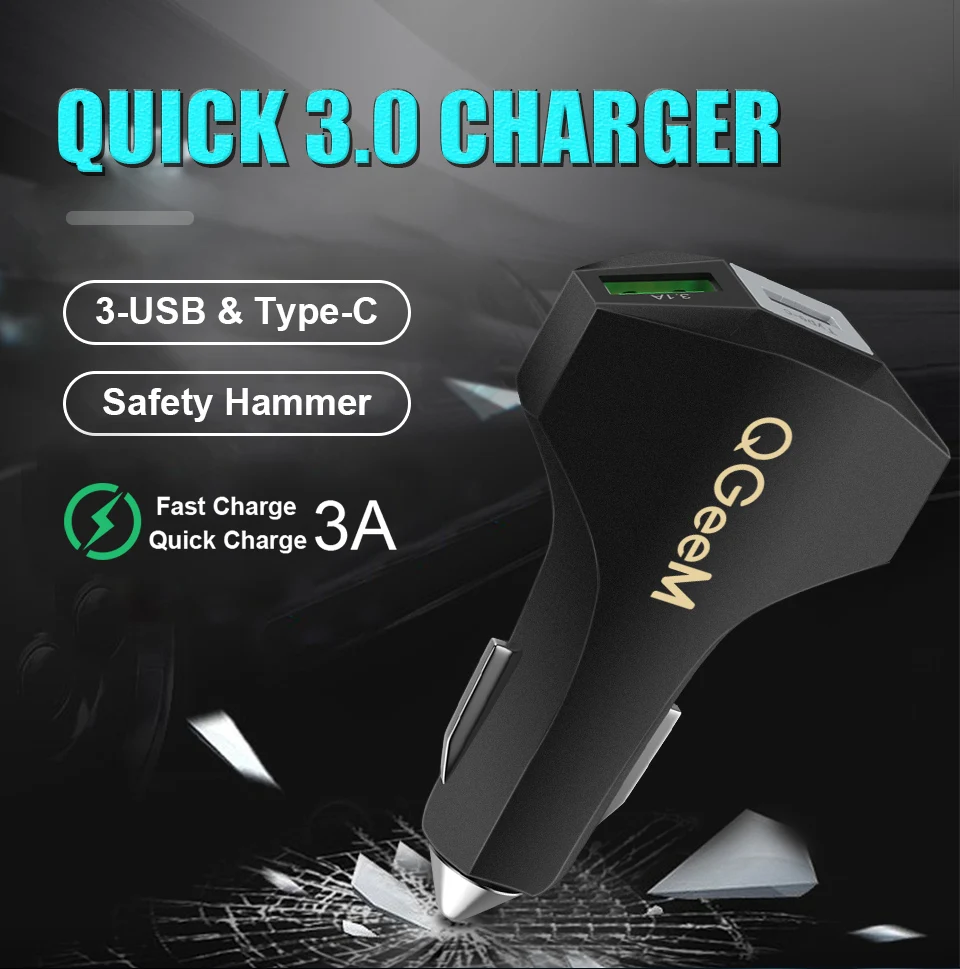 QGEEM USB C автомобильное зарядное устройство Quick Charge 3,0 Авто Тип C быстрое автомобильное зарядное устройство адаптер молоток 3USB портативное автомобильное зарядное устройство для iPhone Xiaomi
