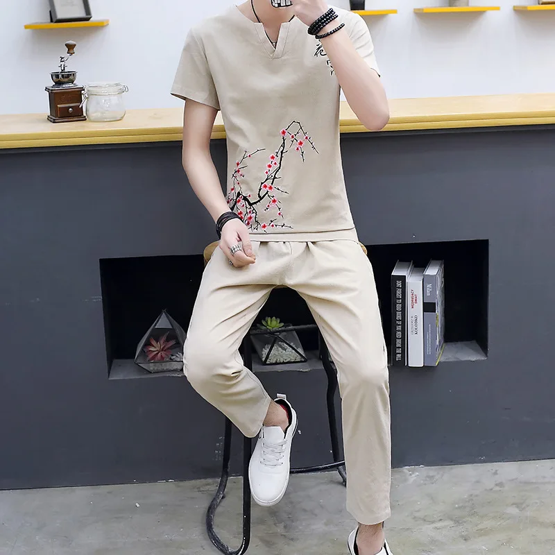 

Spring Summer Flax a Set Men Korean-style Trend Cotton Linen Short Sleeve T-shirt Chinese-style Embroidery Flower Half Sleeve Cl