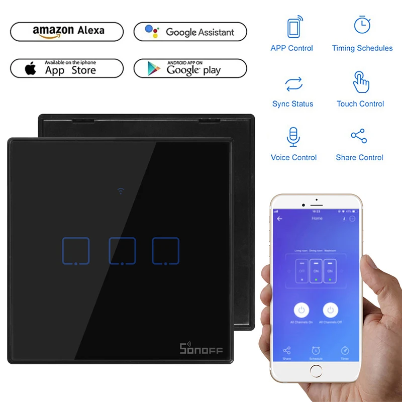 Интеллектуальный выключатель света Sonoff TX T3 T2 T1 EU/UK/US Smart WiFi RF 433/APP/Touch Управление настенный светильник Переключатель 1/2/3 настенный сенсорный переключатель умный дом пульт дистанционного управления