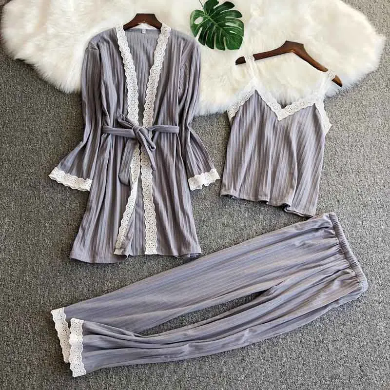 Модный женский халат, набор для женщин, хлопковый комплект из 3 предметов, ночная рубашка, мягкая повседневная одежда для сна, женский домашний сервис, теплая одежда для сна - Цвет: Grey