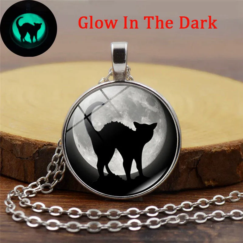 Halloween Creative Handmade Glow In The Dark Glass Alloy Pendant Vintage Jewelry Black Cat Luminous Sweater Chain Necklace | Украшения и