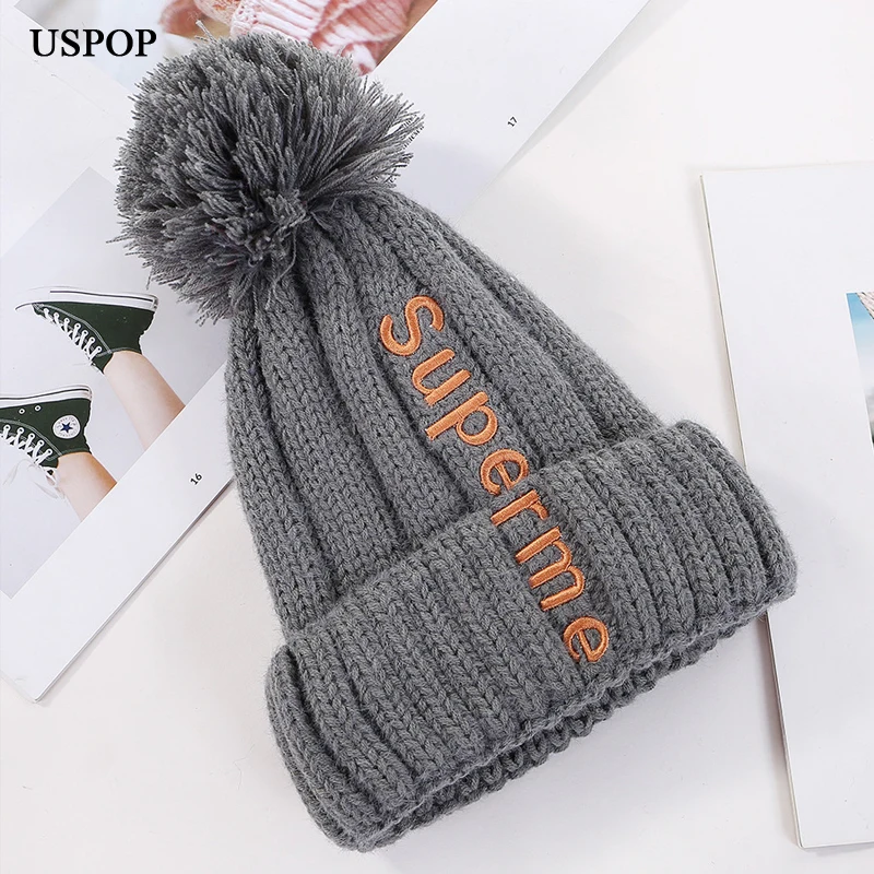 USPOP, женские вязаные шапки skullies с вышитыми буквами, женские зимние шапки, плотные теплые бархатные шапки с подкладкой, симпатичный помпон, шапки с помпонами