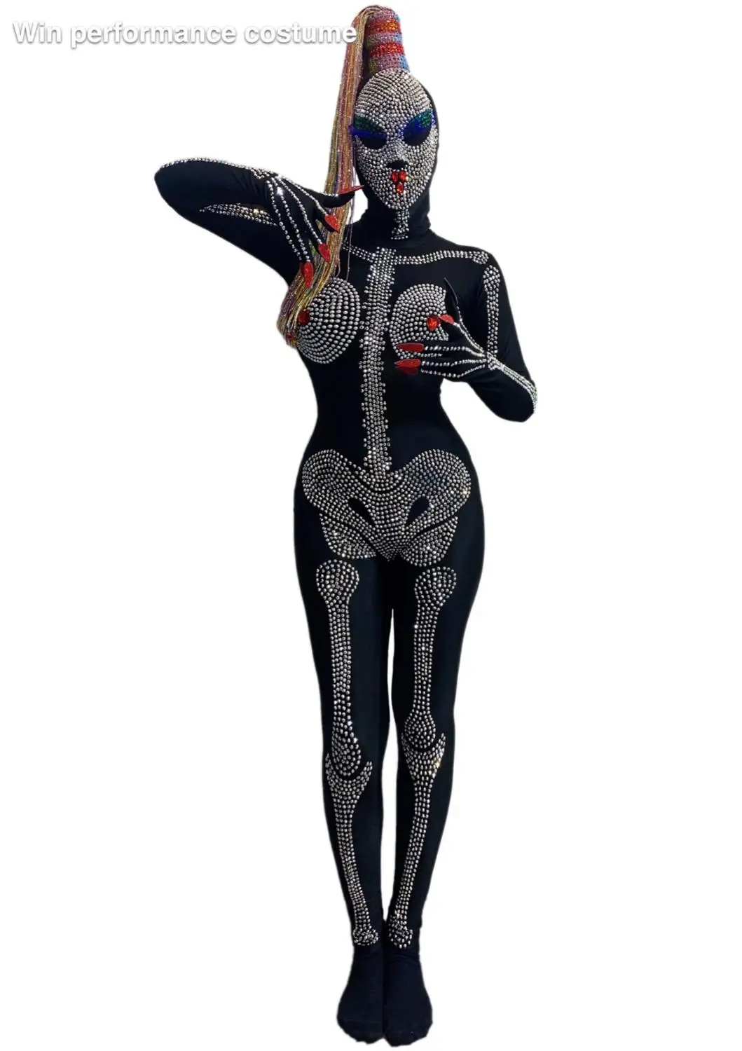 Halloween Outfit Bodysuit Singer Party Show Shining Wear Stage Rhinestone Costume Skull mask headgear Cosplay Adult Scary