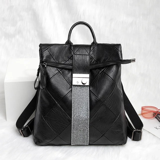 Leather Anti Theft Women Backpack Outdoor Travel Bag Large Capactiy Girl's Schoolbag Daily Knapsack Mochila Feminina Sac A Dos Black-Diamond