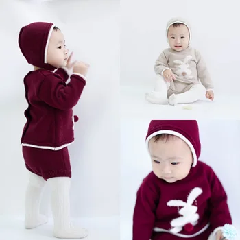 

2019 autumn winter new cotton knitting sweater shorts and hat three piece sets infant cartoon rabbit long sleeve tops