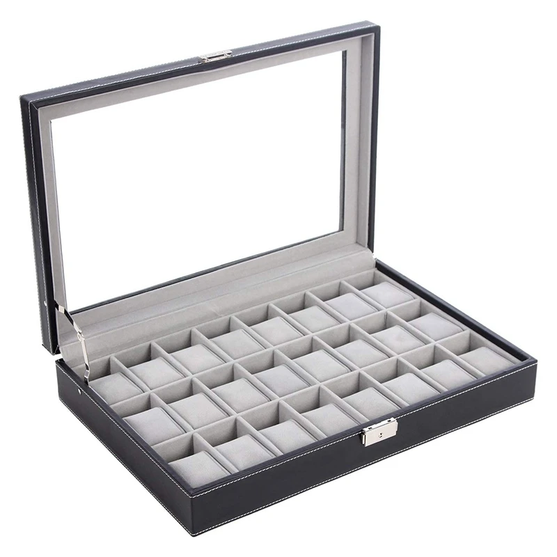 

24 cells Watch Box, Large Watch Box, Glass Shirt, Black Display, Notepad, Artificial Leather