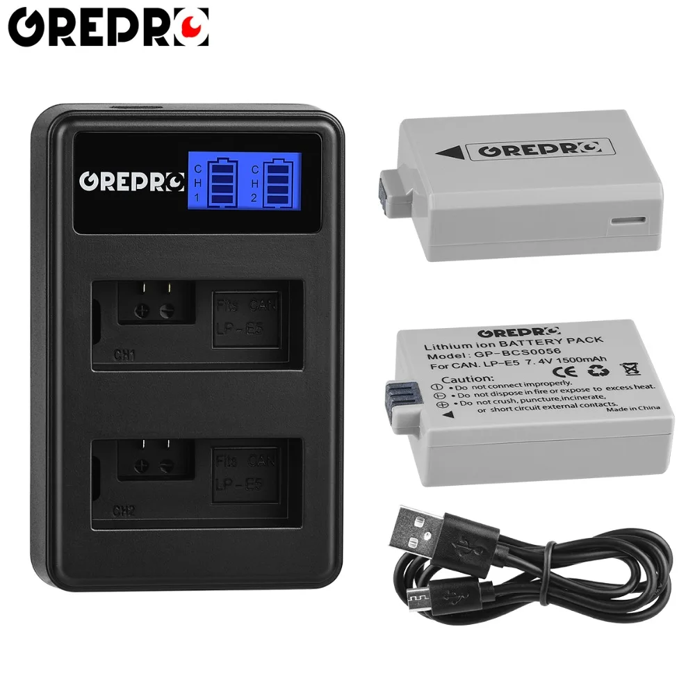 GREPRO 1500 мАч LPE5 LP-E5 LP E5 цифровой аккумулятор+ ЖК USB двойное зарядное устройство для Canon 1000D 500D 450D Kiss X2 X3 F Rebel XSi Xli XS