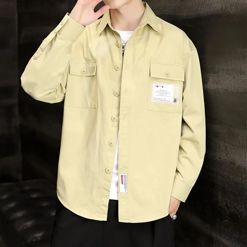 Safari Style Mens Shirts Patch Designs Solid Color Men Shirt Double Pocket Autumn Men Long Sleeve Shirt - Цвет: Khaki